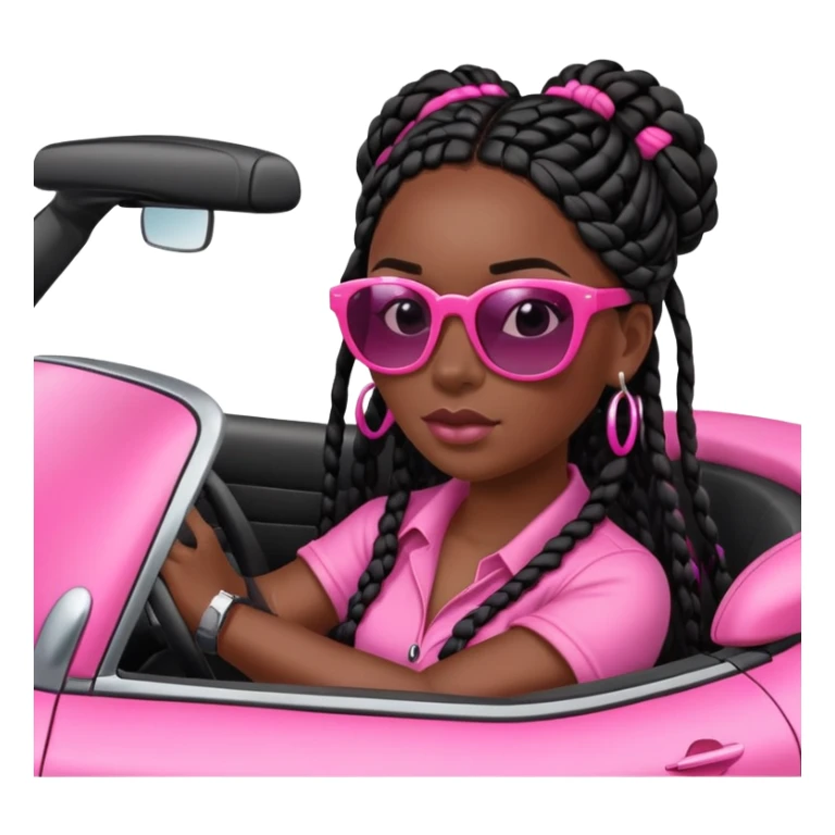 A dark-skinned Black woman with black box braids, driving a pink car sticker
