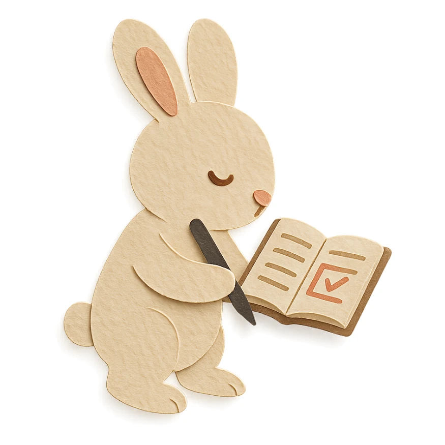 flawless, highly detailed, high quality paper craft style illustration of a cream-colored bunny standing and writing in a planner, perfect proportions, no imperfections, intricate textures, soft lighting, delicate cut-paper details sticker