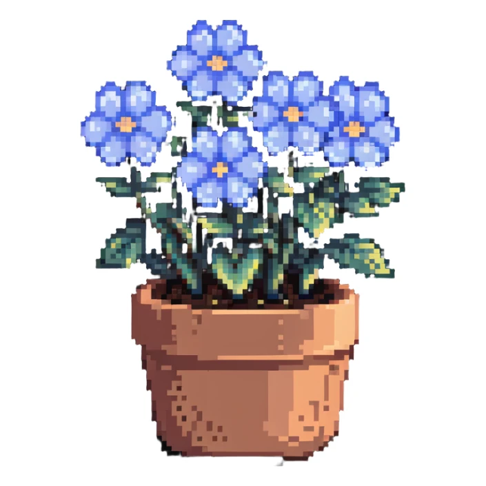pastel blue flowers growing in a cute pot sticker