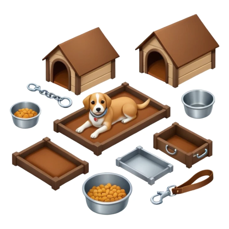Goals:
1) Isometric view
2) Physically realistic portrayed in a way that would be expected to the average person
3) Avoid anything that could be considered offensive, even 2%

---
Now generate an image to represent a list to buy items for a dog. Items include: 1 Kennel,1 bowl, 1 bed, 1 leash, etc sticker