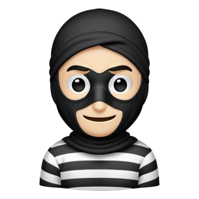 a cartoon-style robber emoji, showing a mischievous face with a black mask covering the eyes, a sly smirk, and a striped black-and-white shirt. the design is simple and clean, with a playful and lighthearted feel sticker