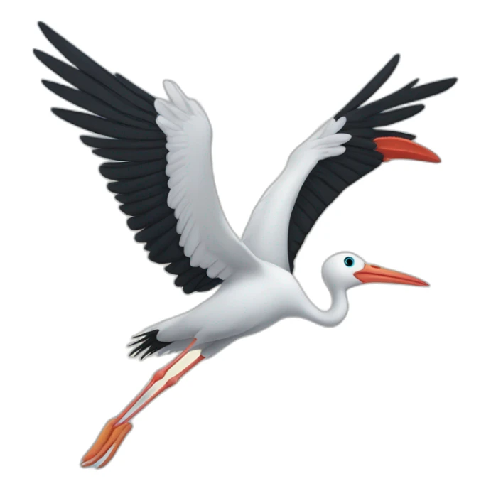  white stork with long legs, a long beak, and black wingtips, flying in the sky and carrying a bundle of blue cloth in its beak and has a cute baby face peeking out from it sticker