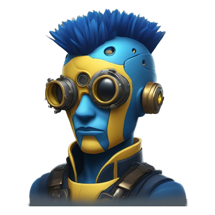 Yellow cyborg head with dark blue steampunk goggles and dark blue Mohawk  sticker