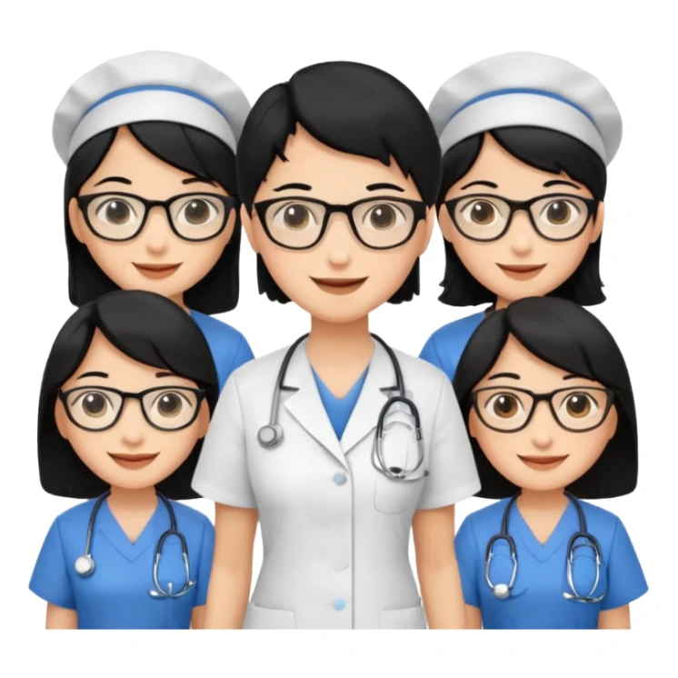 Genera emogis de 4 cuatro enfermeras de cabello negro, una con lentes sticker