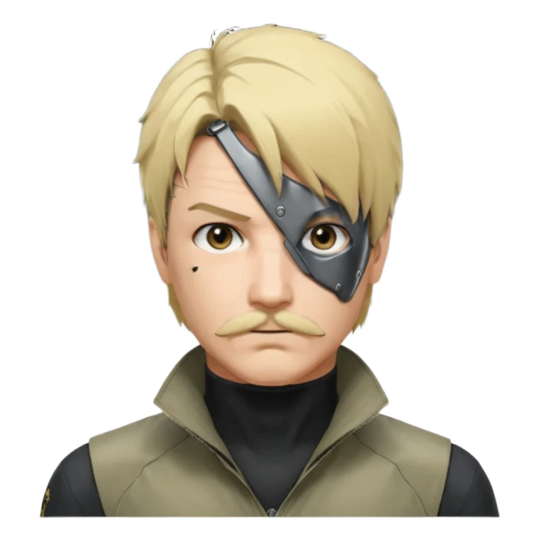 Style : Manga détaillé façon Metal Gear Solid — lignes nettes, ombres douces, couleurs vives. Personnage : cache-œil noir à gauche, cheveux blonds mi-courts avec côtés foncés, yeux marron, moustache fine, sweat clair.  sticker
