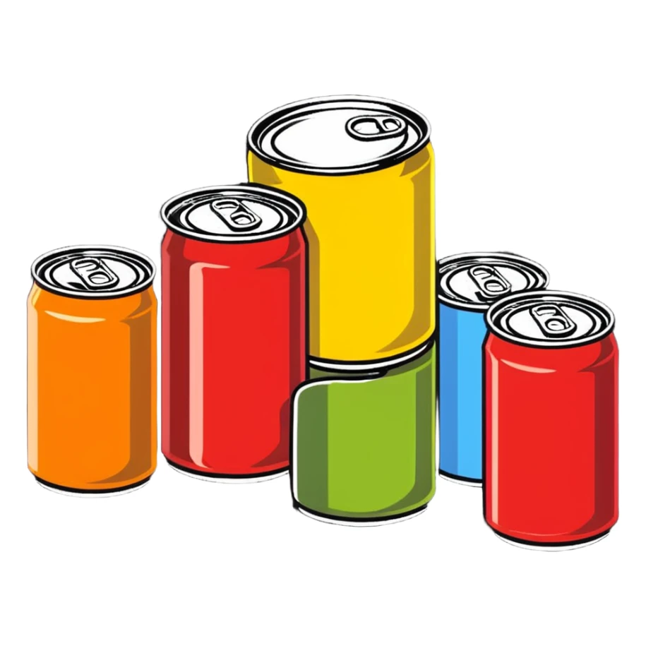 Four assorted canned food cans arranged together, showing different types of canned foods sticker