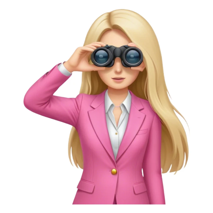 white female employee with long hair in pink suit using binoculars sticker