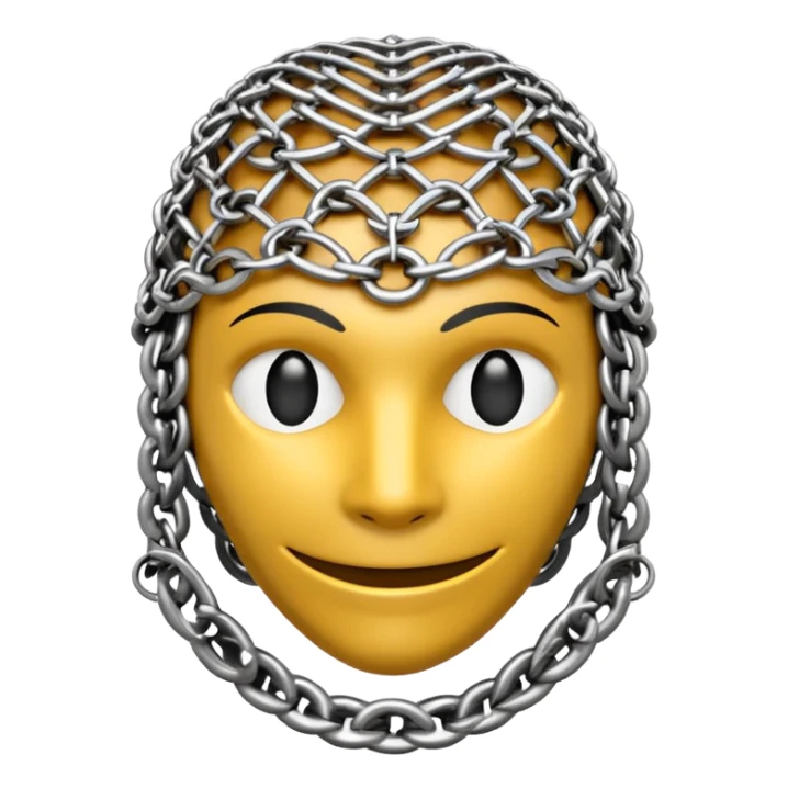 3D render of Medieval Coif, made of interlocking chainmail metal rings, wire mesh texture, visible holes and negative space, metallic silver and grey, high contrast shadows, Apple emoji style, isolated on white background --v 6.0. sticker