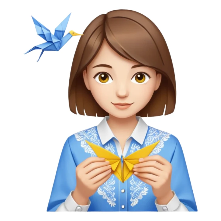 A happy Ukrainian young girl with brown hair in a white embroidered shirt making an origami crane in yellow and blue colors sticker