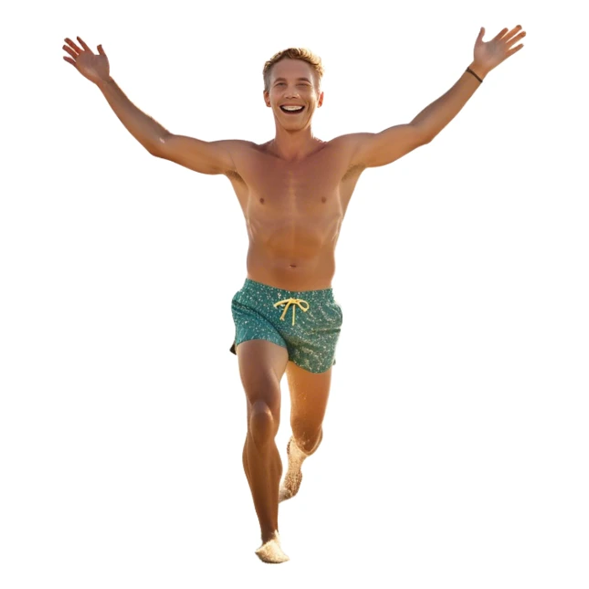 A white man running into the ocean with arms wide open, embracing the waves and the moment. The sun shines warmly, and the water sparkles, symbolizing the joy of creating fun and appreciating life’s simple moments. Their footprints in the sand fade as they fully immerse themselves in the present. sticker