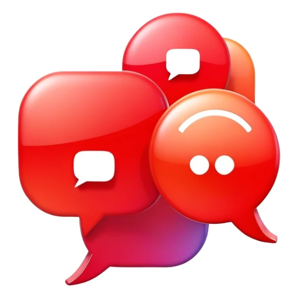 A minimalist 3D illustration of intersecting chat bubbles with a small play button, red gradient colors, clean lines, tech-inspired design sticker