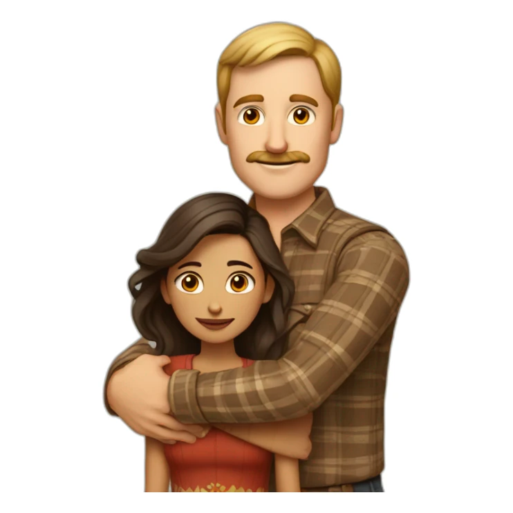 Tall white man with brown hair and a brown mustache wearing plaid hugging a very short Indian woman sticker