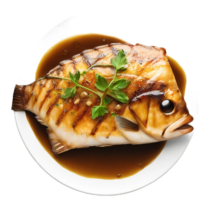 grilled fish fillet with brown butter sauce on white plate sticker