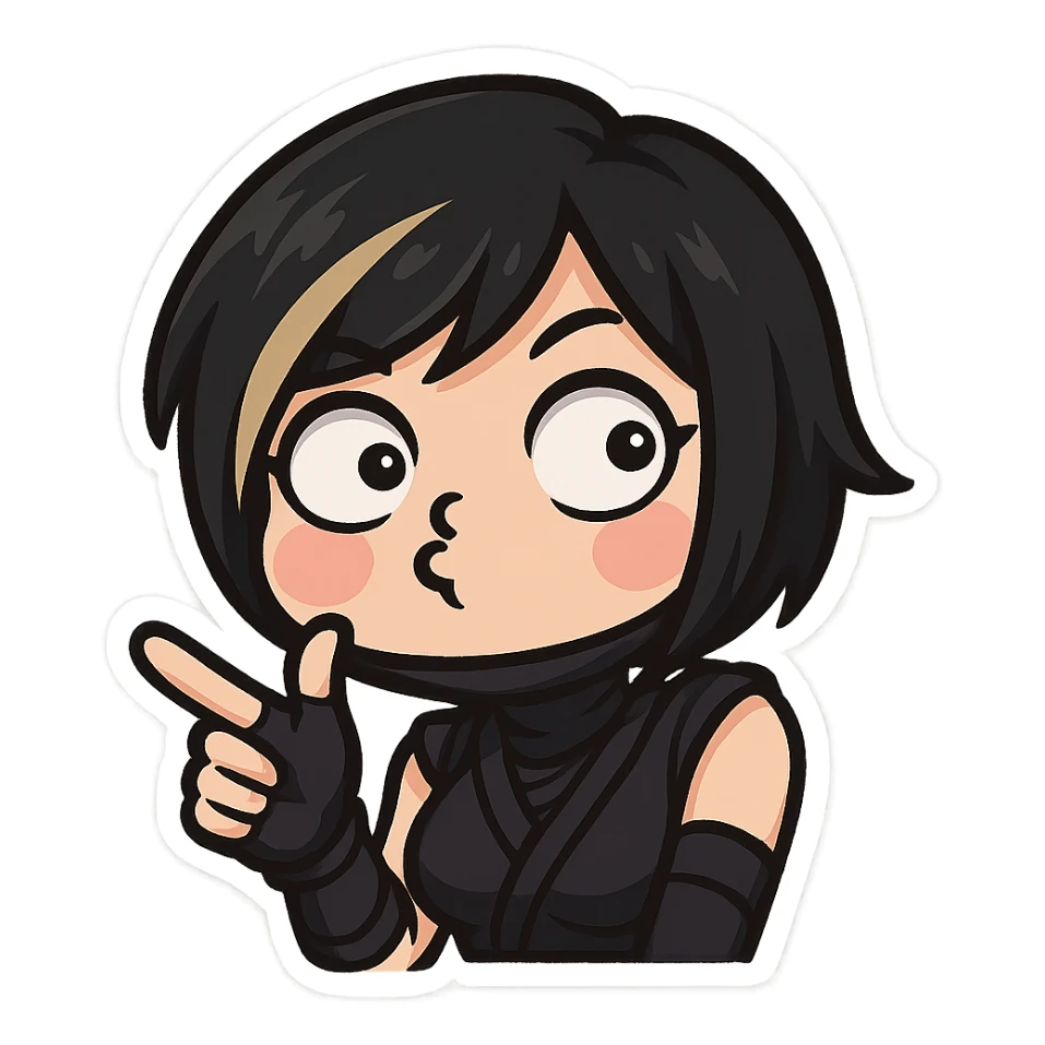 Make the expression weird-cute: sexy chibi ninja girl with black short hair and a blonde streak, only head and arms, making a finger gun gesture, bold outlines, transparent background, no mask, cheeks puffed and eyes looking in different directions, sized for Twitch emoji use. sticker