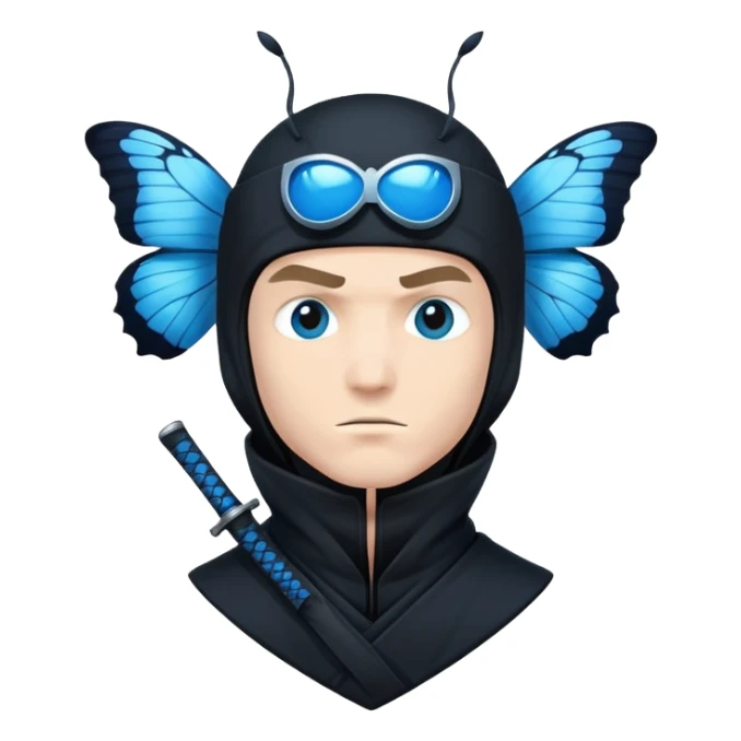 Crea una imagen con estos dos emoji 🥷🏻🦋
él ninja blancoCrea un emoji para usar en WhatsApp con estos dos emoji 🥷🏻🦋.
Ninja vestido de negro con la piel blanca con una mariposa azul posada en cabeza como si estuviera volando. con la mariposa posada en cabeza como si estuviera volando.

 sticker