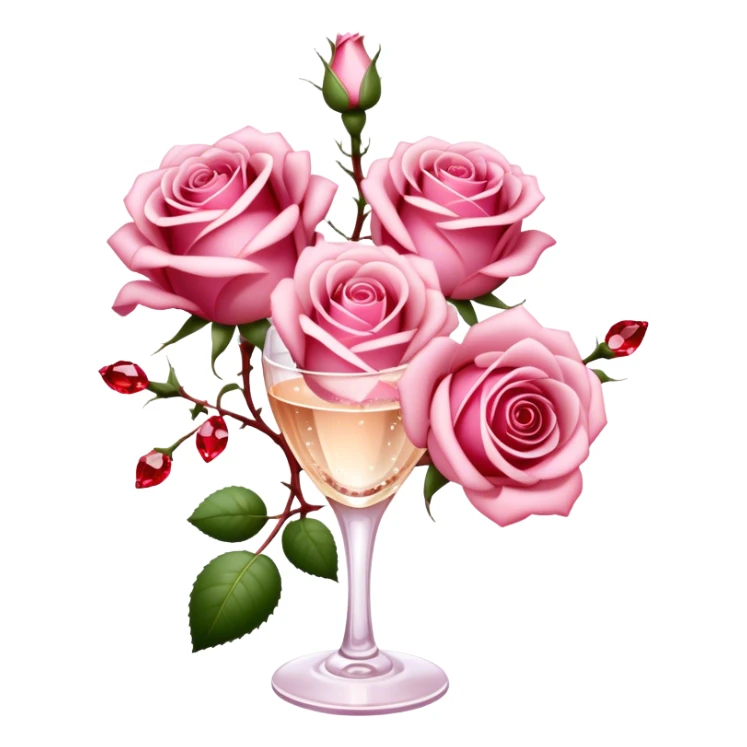 Soft pink champagne roses intertwine with glistening rubies, blending elegance with warmth. The delicate petals and deep red gems create a luxurious, romantic scene. sticker