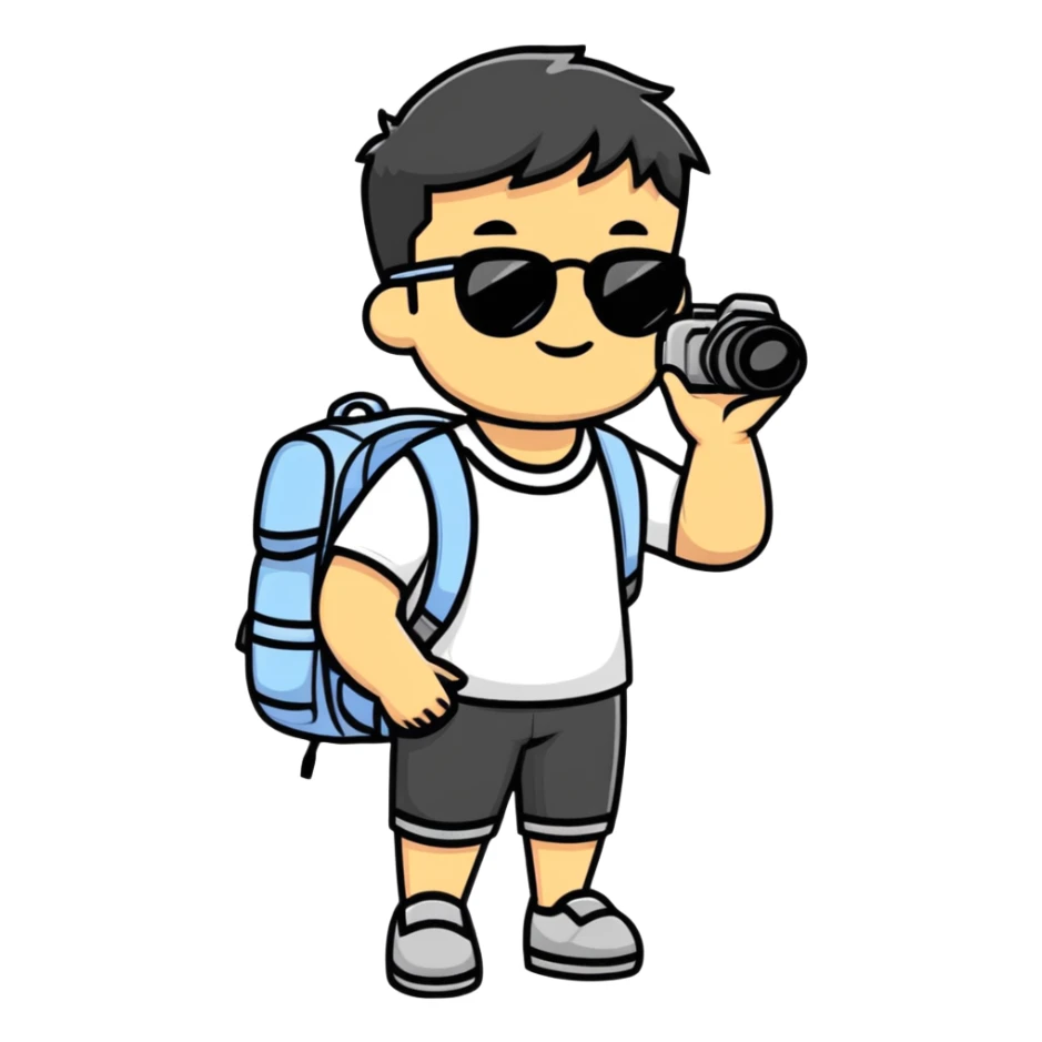 Asian tourist with backpack taking photos, sunglasses sticker