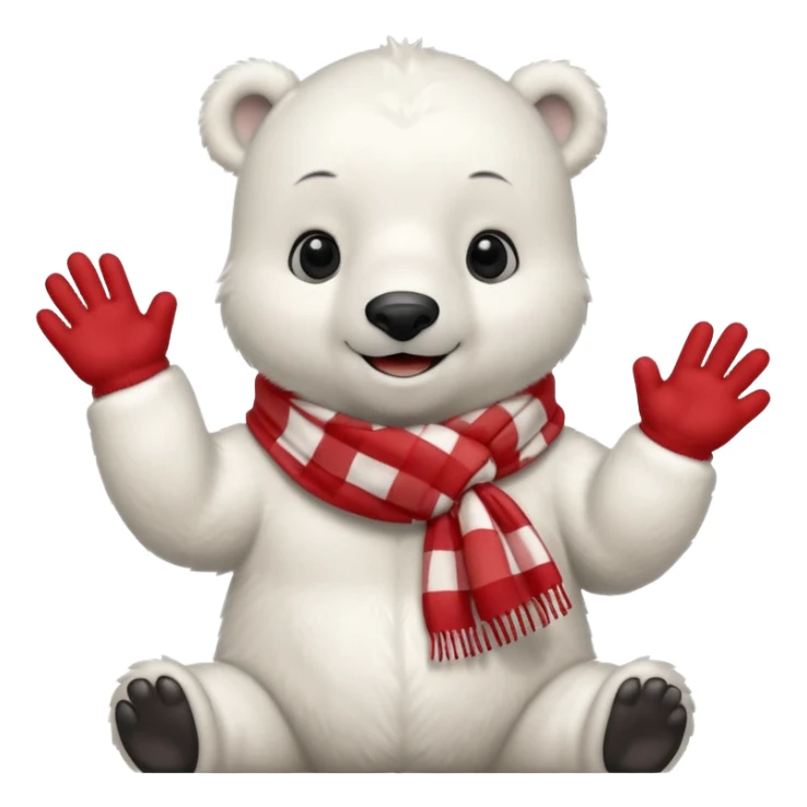 baby Polar Bear, smiling, hi five, wearing red Checkered Triangle scarf sticker