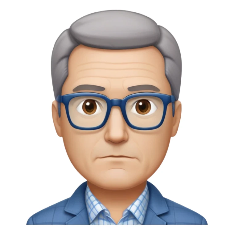 50-year-old man with square face, large dark square glasses, short straight hair combed to the side with some gray. Serious-relaxed expression with subtle age lines. Light gray jacket, white shirt with blue checkered pattern. sticker