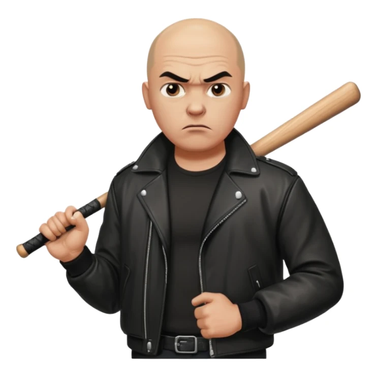 Bald Russian 1990s gangster emoji, leather jacket, , serious angry face with a bat sticker