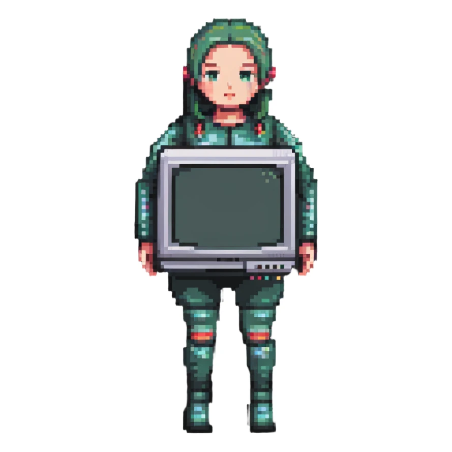 thick female with computer screen head, flatscreen TV head sticker
