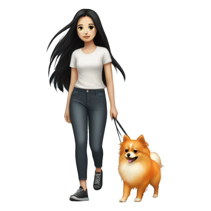 pale girl with long black hair walking with orange pomeranian sticker