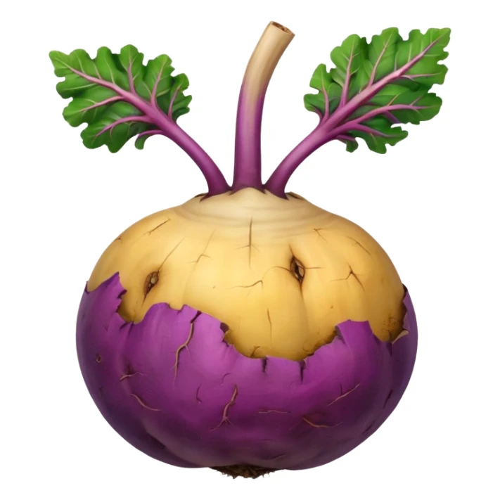 whole rutabaga root, rounded bulbous shape, rough textured skin, mottled purple beige yellow tones, trimmed stem remnants, faint root hairs, fresh earthy, soft lighting, subtle shadows, emoji scale, transparent background sticker