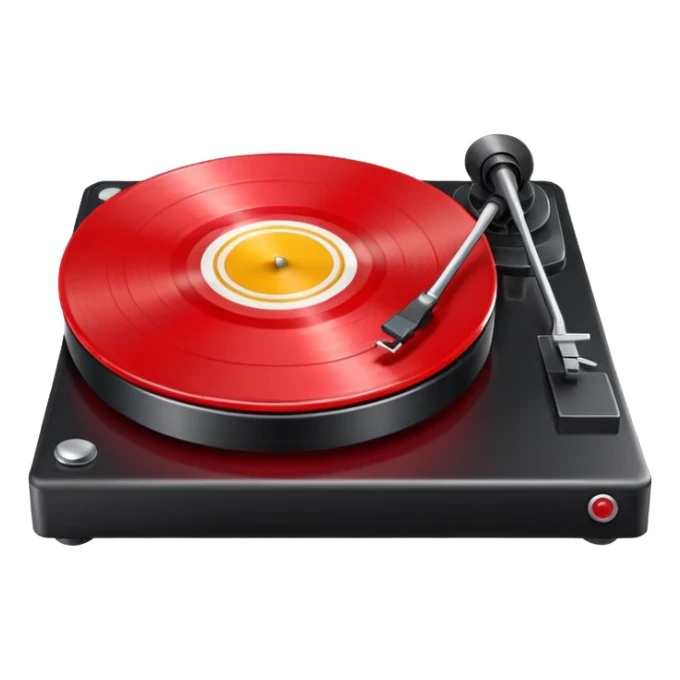 Generate a high-quality 3D cartoon-style emoji of a red LP record placed inside a black LP turntable, realistic shading, smooth gradient colors, rounded and cute appearance, simple white background, high-resolution.
 sticker