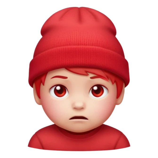 a baby red upset face emoji with a glowing pastel red gradient behind it, red beanie hat on sticker