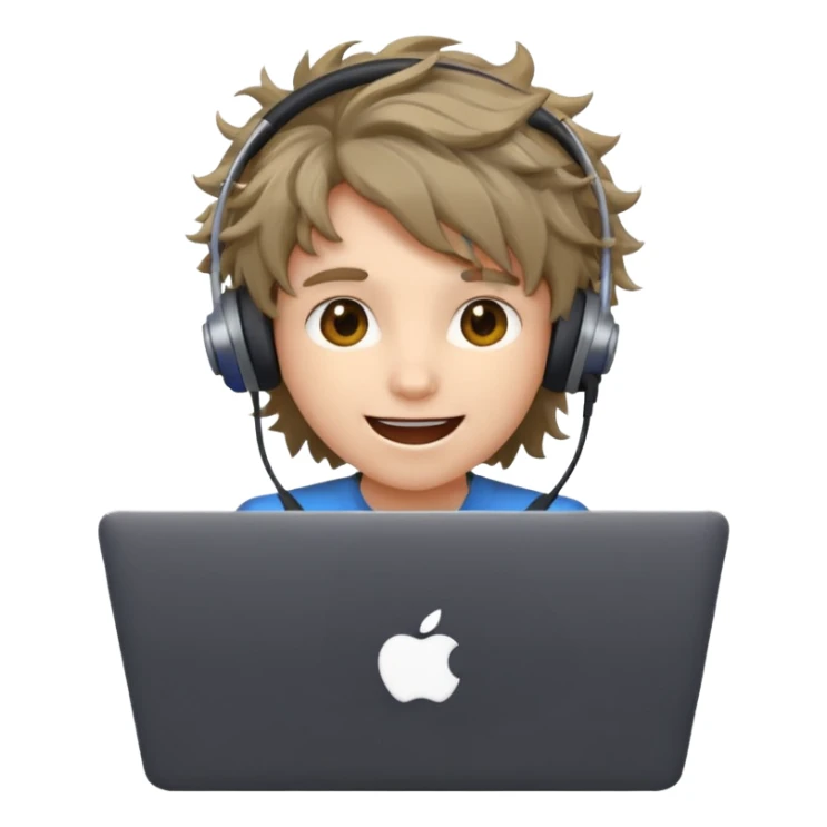 excited student with laptop, hair messy, apple style emoji sticker