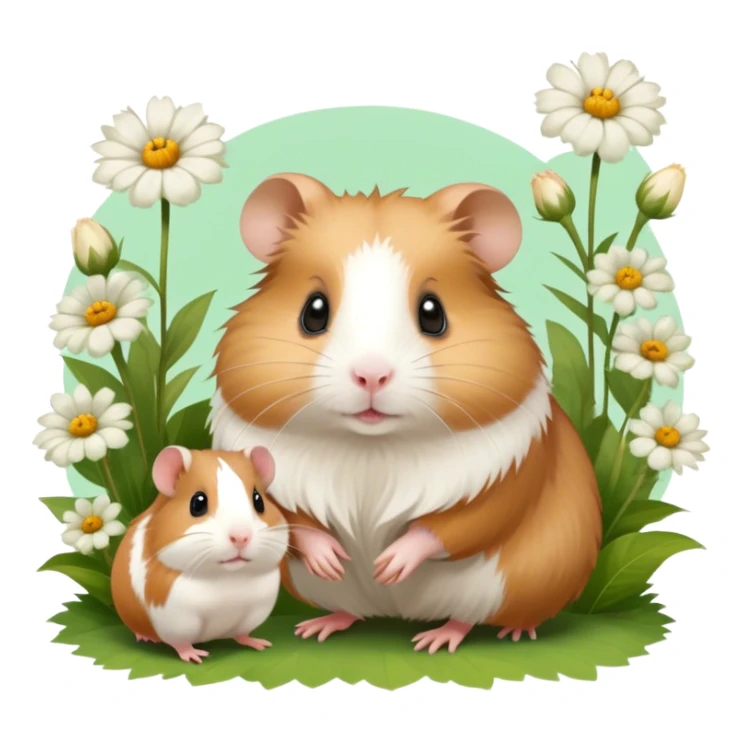 Icon for Hamster and Guinea Pig: A portrait-style collage with a fluffy hamster with soft fur, looking curious, and a friendly guinea pig with long, smooth fur, both on a soft green background with flowers and soft light. Transparent background. sticker