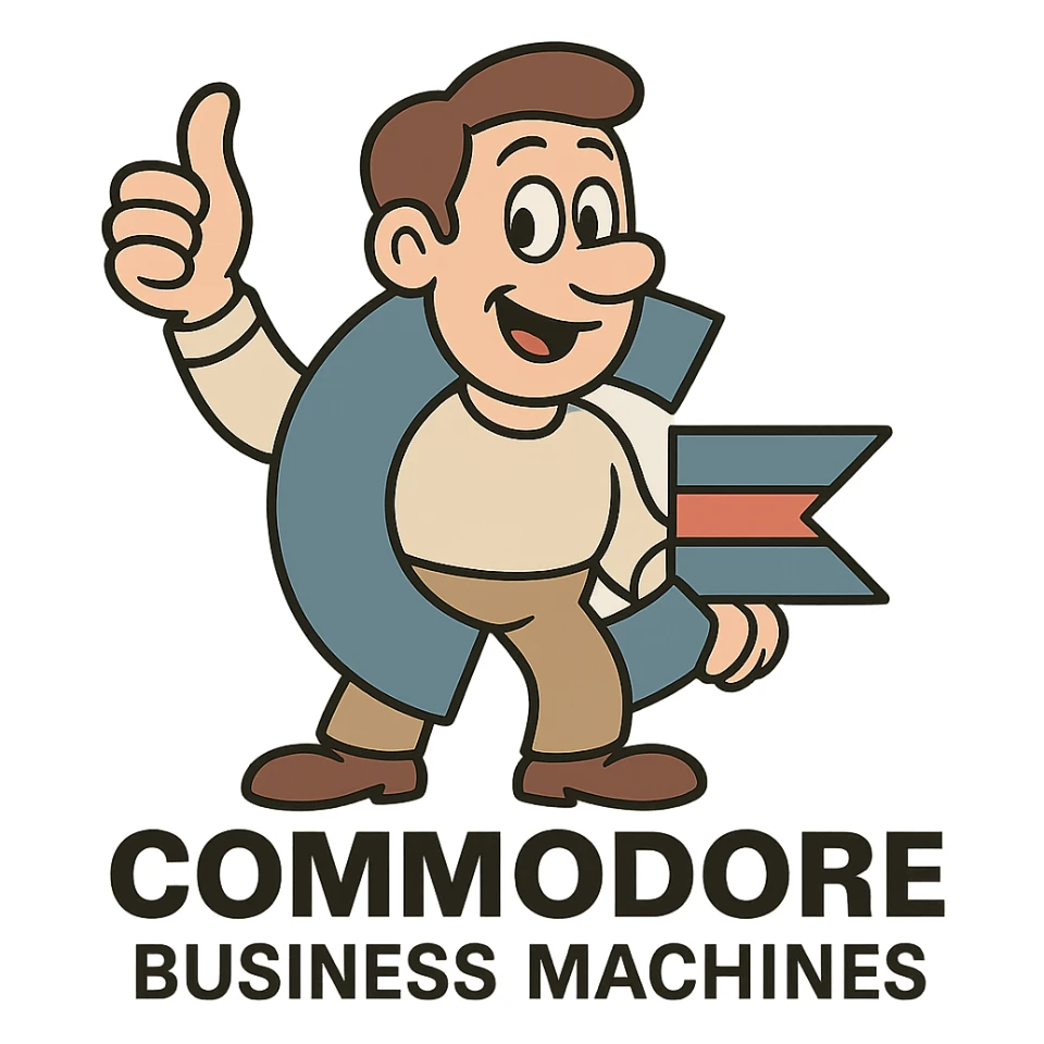 Commodore Business Machines logo, classic 1980s style, bold C with red and blue stripes, minimal, flat vector style sticker