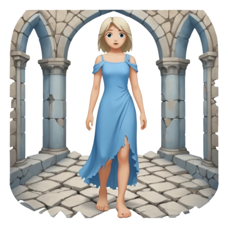 Female figure standing barefoot in ruined cathedral, dress slipping from shoulder sticker