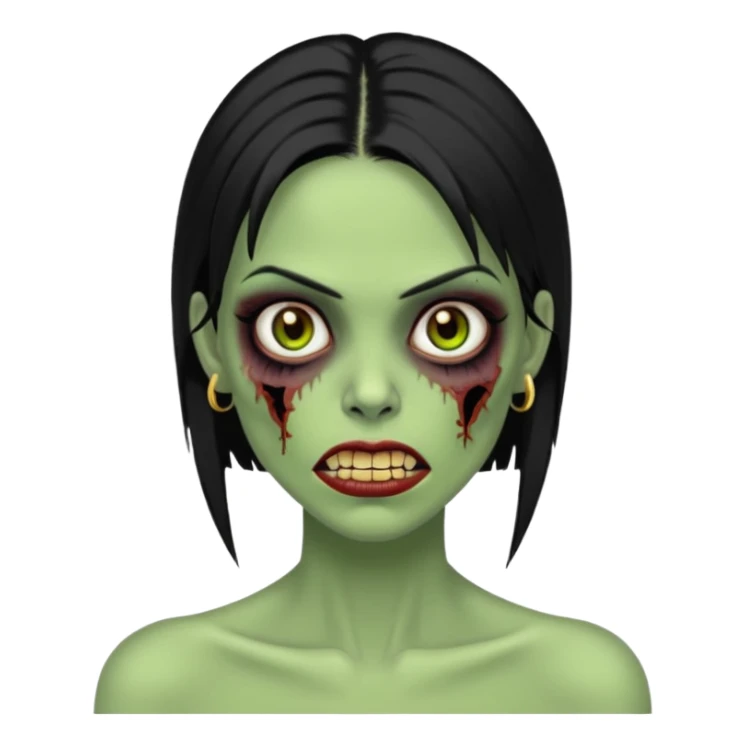 Faça uma zombie mulher bonita verde com olhos castanhos cabelos pretos liso com estilo y2k e com dentes de ouro sticker