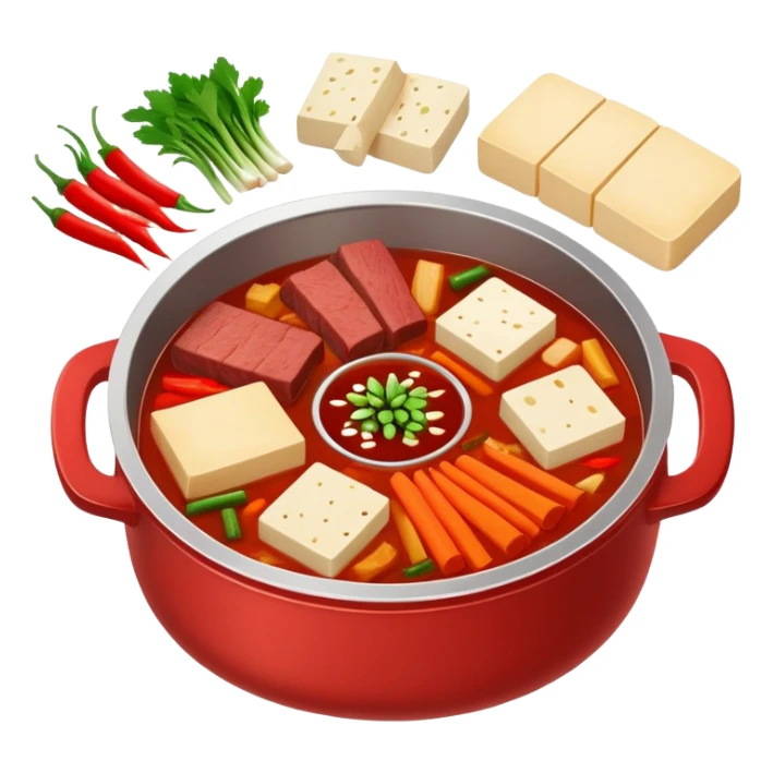 Chongqing Nine-grid Hot Pot with divided sections and spicy red broth, simplified emoji style with bold outlines and bright colors, cartoon style square Jiugongge Huoguo sticker