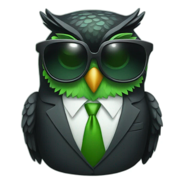 smiling black and green owl in a suit with cool sunglasses sticker