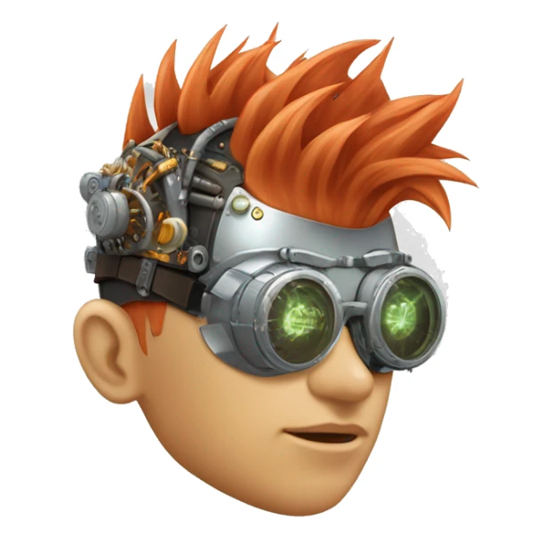 Light red Mohawk hair male cyborg head with white steampunk goggles and circuits sticker