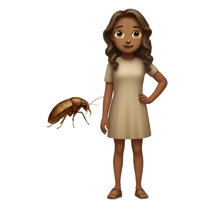 a tan brown haired girl standing next to a roach  sticker