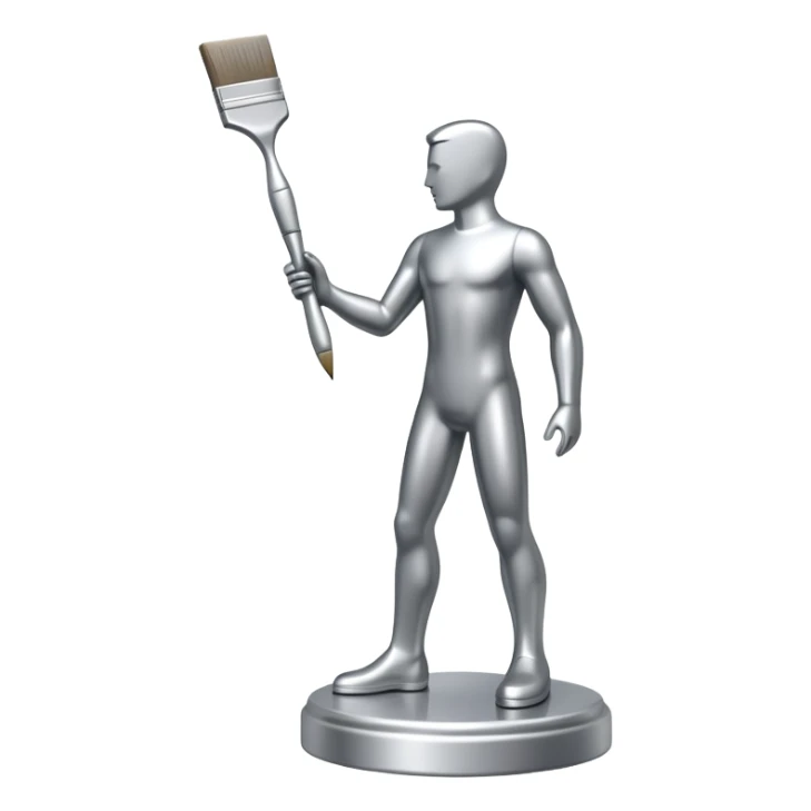 A paintbrush that transforms into a human metal silver silhouette sculpture emblem, symbol of artistic identity, with a highly polished silver metallic finish sticker