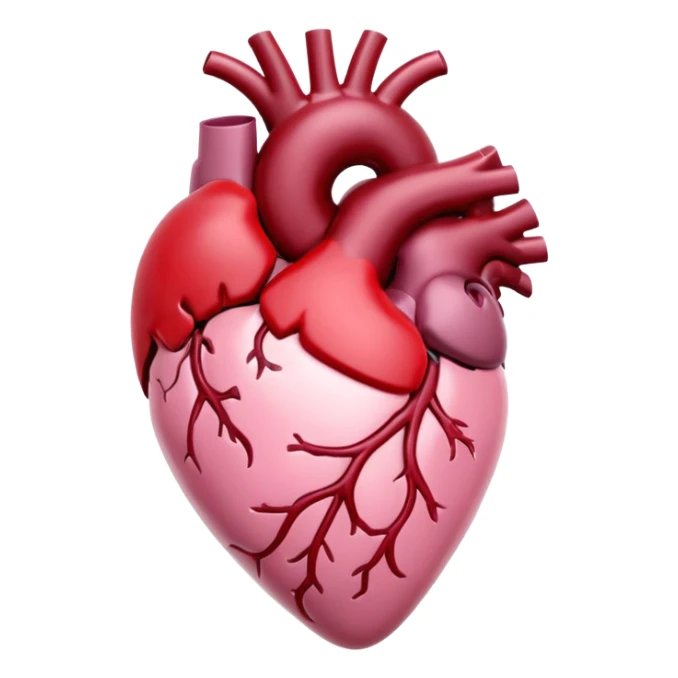 anatomic heart, glossy light pink with deep crimson and cherry red tones, smooth 3D-rendered style, soft lighting, gentle shadows, high contrast, slightly shiny surface, dreamy and elegant, dark romantic or gothic-cute vibe, stylized and polished, no text or clutter sticker