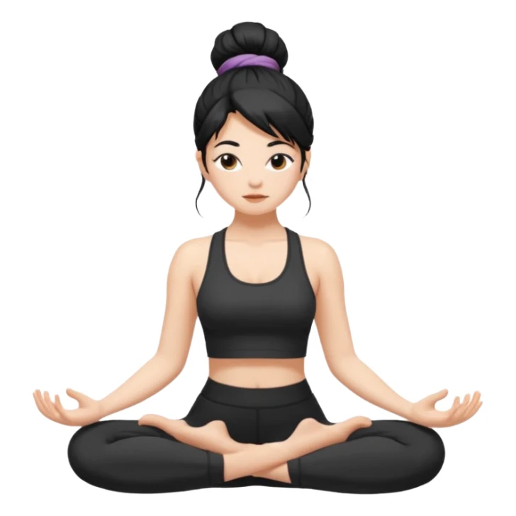 white girl with black long hair in a messy bun doing yoga sticker