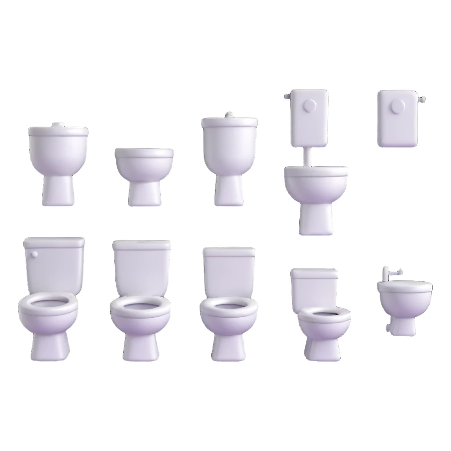 group of classic toilets with tanks in 3D emoji style sticker