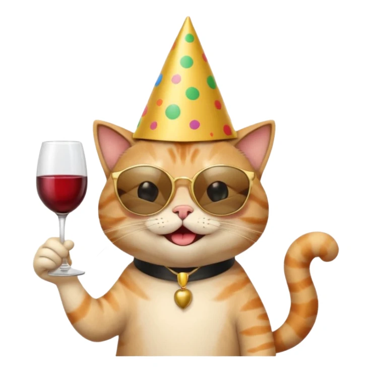 winking happy cat with a huge gold birthday hat, black sunglasses, and a wine glass sticker