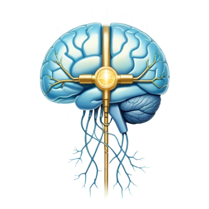 Ethereal pearlescent and light blue capsule in the foreground with a translucent brain positioned behind it, illuminated by golden electrical pulses forming a neural network. A small glowing liver symbol to the side, all surrounded by a mystical aura of mental focus and clarity sticker