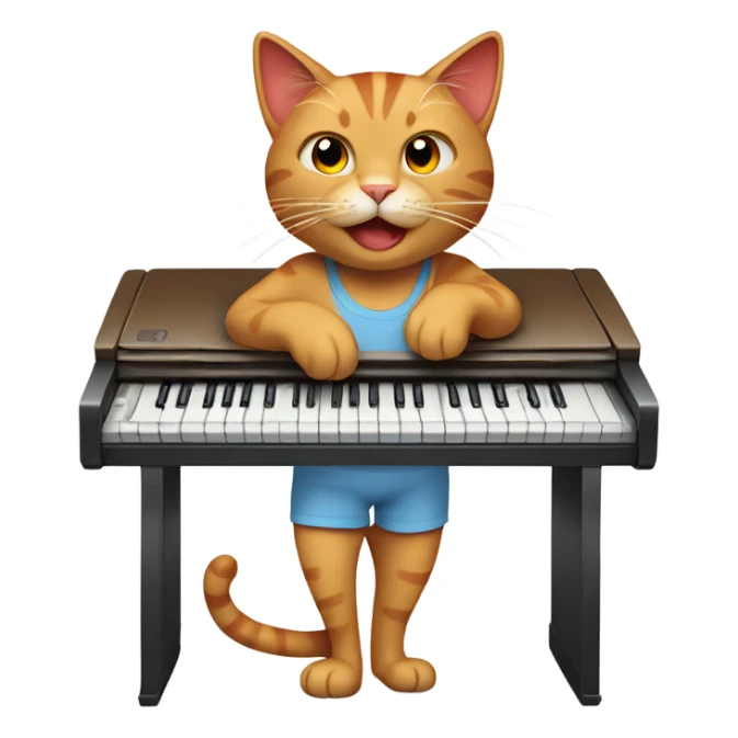 tan-red cat wearing a light-blue t-shirt taps musical keyboard sticker