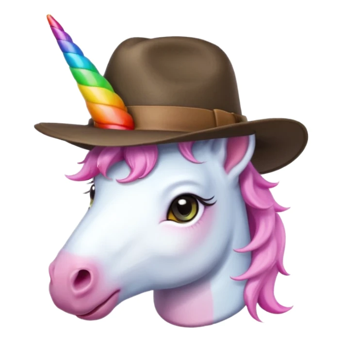 unicorn face cute wearing fedora, horn piercing through the hat sticker