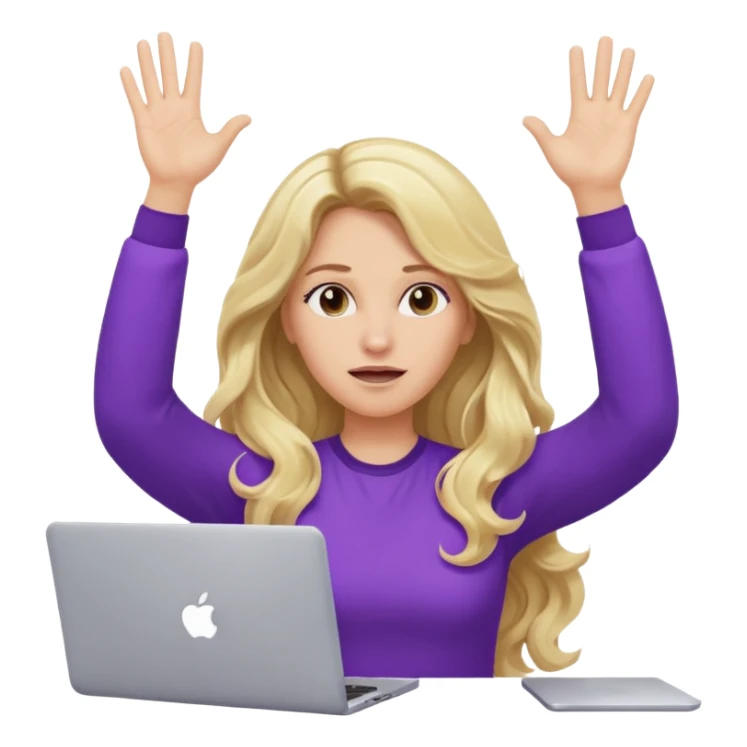 lady with long blonde wavy hair, purple top throwing her with a laptop looking exhausted sticker