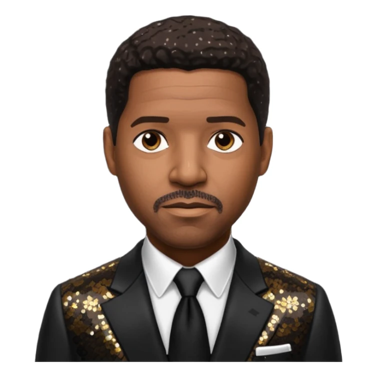 Denzel Washington with dark brown hair, black sequin suit sticker