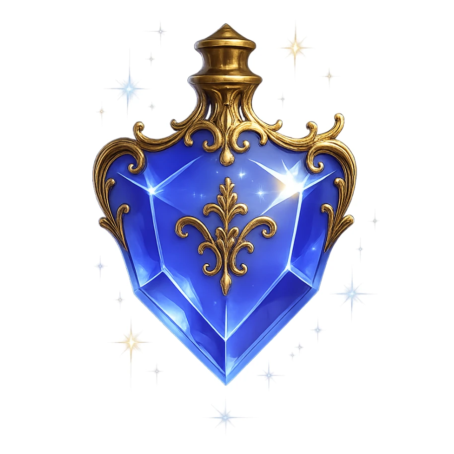 very luxurious crystal elixir bottle in shield shape, color #7986cb, lots of shining, edges, ornaments, golden details, magical effects, very small golden neck, transparent background, beautiful seamless base, bottle clearly floating in air, no base or shadow, premium class, modern, matching the collection sticker