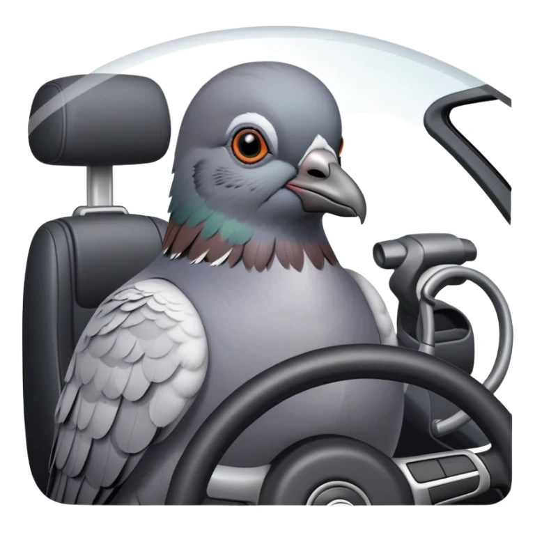 pigeon parking a car, bird using steering wheel and parking sticker